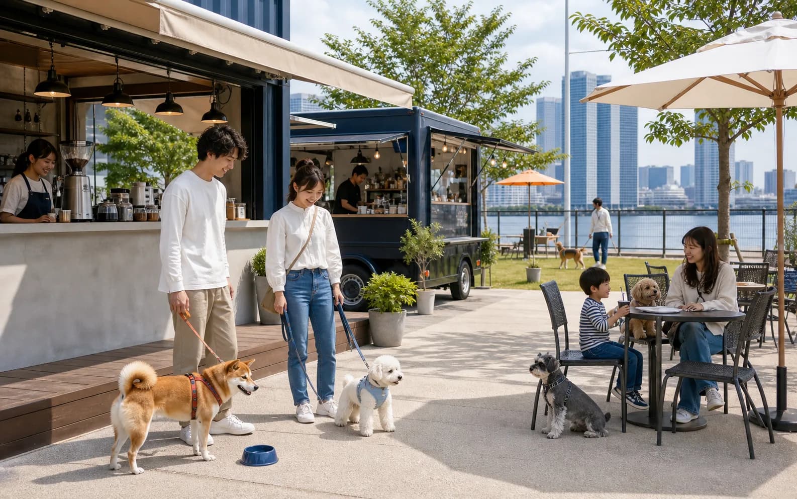 海沿いのカフェとキッチンカーで犬連れの家族が過ごす様子
