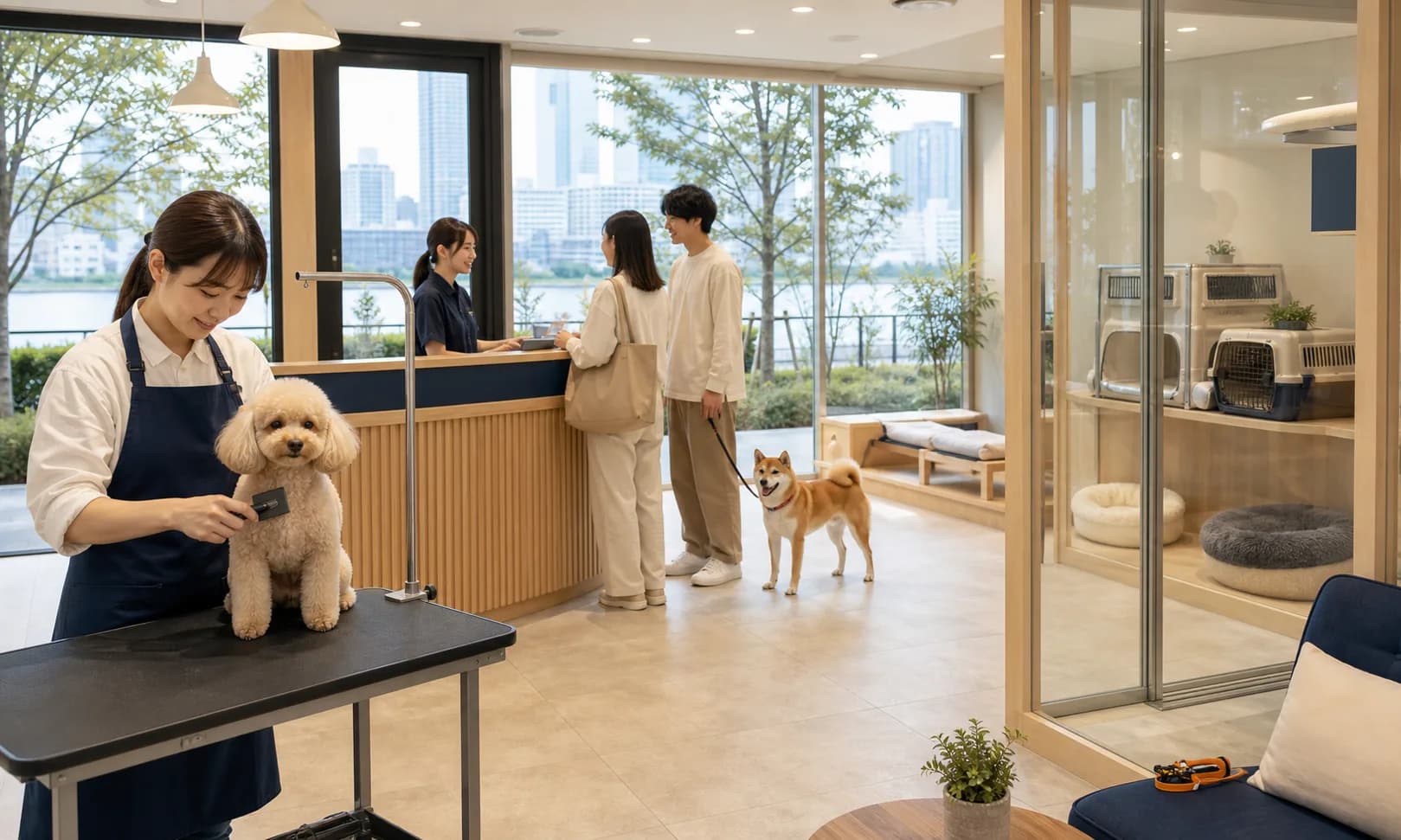 ドッグホテルとサロンでトリミングを受ける犬